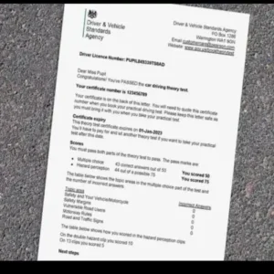 Theory test pass certificate