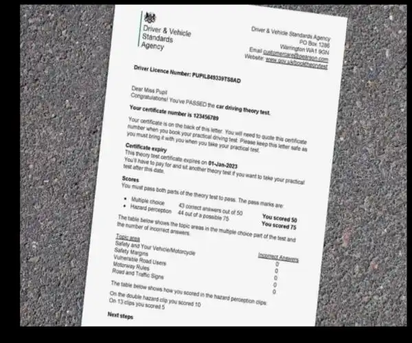 Theory test pass certificate